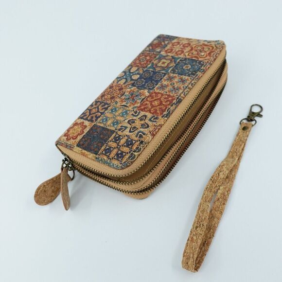 Cork Wristlet Wallet Medium Moroccan Print Vegan Purse Boho Chic - Picture 8 of 9